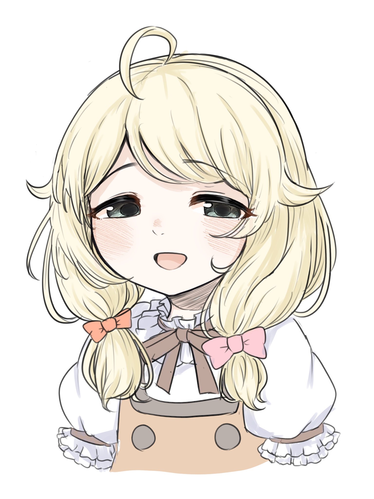 swirupa, yusa kozue, idolmaster, idolmaster cinderella girls, highres, 1girl, ahoge, blonde hair, blush, green eyes, looking at viewer, open mouth, smile, solo, upper body