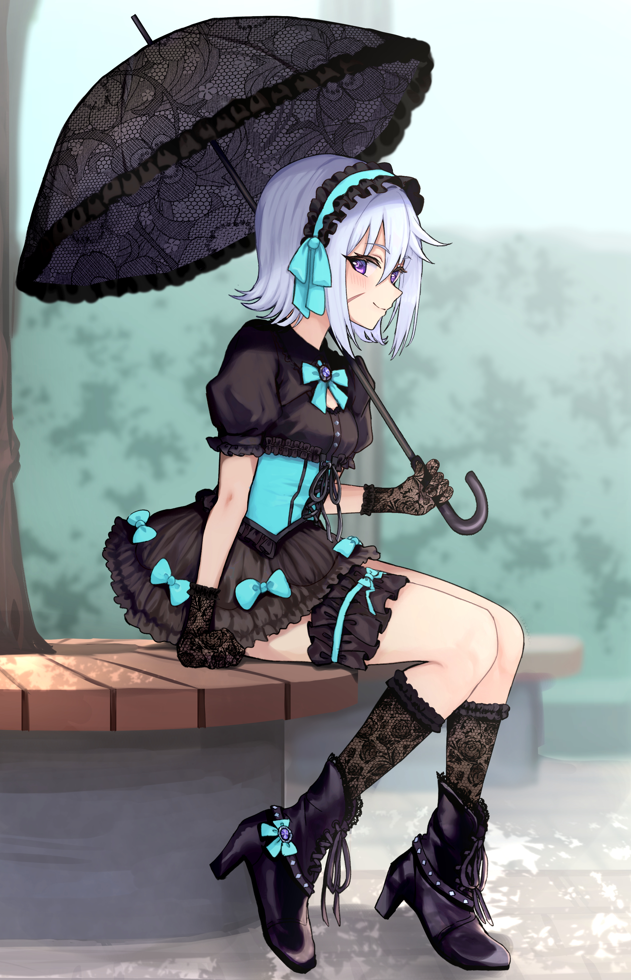 himari ii, chris (konosuba), kono subarashii sekai ni shukufuku wo!, absurdres, commentary, commission, english commentary, highres, second-party source, 1girl, ankle boots, aqua bow, aqua bowtie, aqua corset, aqua hairband, aqua ribbon, black boots, black dress, black gloves, black headdress, black socks, black umbrella, blush, boots, bow, bowtie, breasts, closed mouth, corset, dress, gloves, gothic lolita, hair ribbon, hairband, holding, holding umbrella, lace, lace gloves, lace socks, lace umbrella, lolita fashion, outdoors, puffy short sleeves, puffy sleeves, purple eyes, ribbon, short hair, short sleeves, sitting, small breasts, smile, socks, solo, tree, umbrella