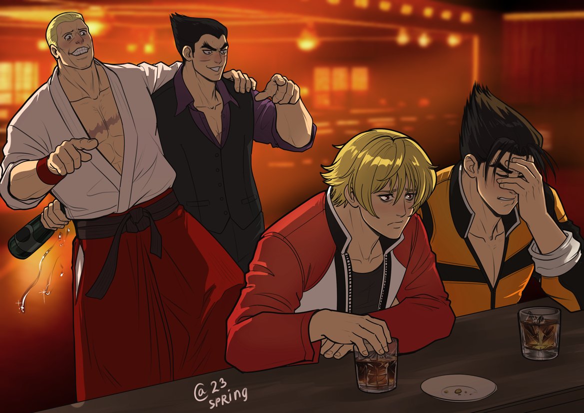 autumn-sacura, geese howard, kazama jin, mishima kazuya, rock howard, fatal fury, garou: mark of the wolves, tekken, black eyes, black hair, blonde hair, blue eyes, closed mouth, crossover, dougi, facial scar, father and son, hair slicked back, hakama, hakama skirt, heterochromia, jacket, japanese clothes, male focus, multiple boys, muscular, pants, red eyes, red hakama, red jacket, scar, scar on cheek, scar on face, shirt, short hair, signature, skirt, smile, thick eyebrows, v-shaped eyebrows