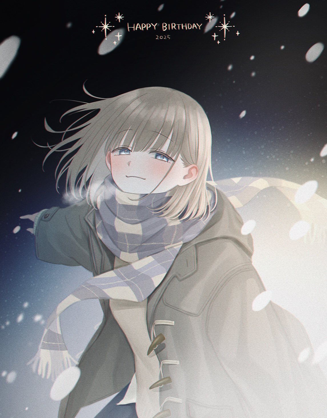 v63775474, serizawa asahi, idolmaster, idolmaster shiny colors, highres, 1girl, 2025, blue hair, blue scarf, blush, breath, closed mouth, coat, duffel coat, fringe trim, grey coat, grey hair, happy birthday, light smile, long sleeves, looking at viewer, medium hair, night, open clothes, open coat, outstretched arm, plaid clothes, plaid scarf, scarf, snowing, solo, sweater, toggles, upper body, wind, winter clothes, winter coat, yellow sweater