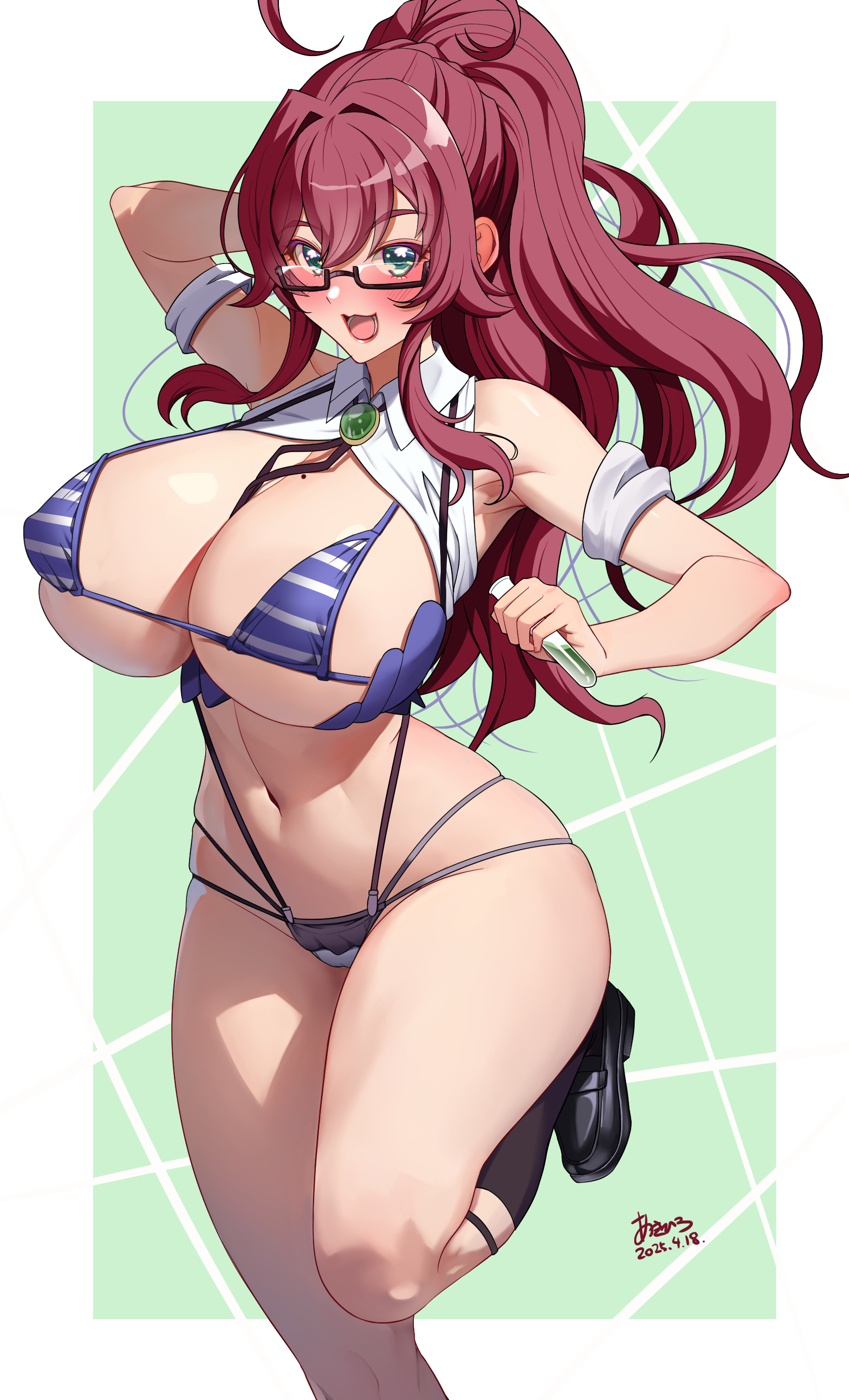 akihiro0920, yakuzen kusuri, yakuzen kusuri (older), kimi no koto ga dai dai dai dai daisuki na 100-nin no kanojo, absurdres, commentary request, highres, large variant set, variant set, 1girl, ahoge, antenna hair, aqua eyes, arm behind head, bikini, blush, border, breasts, cleavage, clothes lift, collarbone, collared shirt, curvy, foot out of frame, glasses, green background, green eyes, hair between eyes, holding, holding test tube, huge breasts, long hair, mole, mole on breast, navel, open mouth, outside border, ponytail, purple bikini, rectangular eyewear, red hair, semi-rimless eyewear, shirt, shirt lift, sidelocks, smile, solo, standing, standing on one leg, striped bikini, striped clothes, swimsuit, test tube, thong, thong bikini, under-rim eyewear, white border, white shirt, wide hips