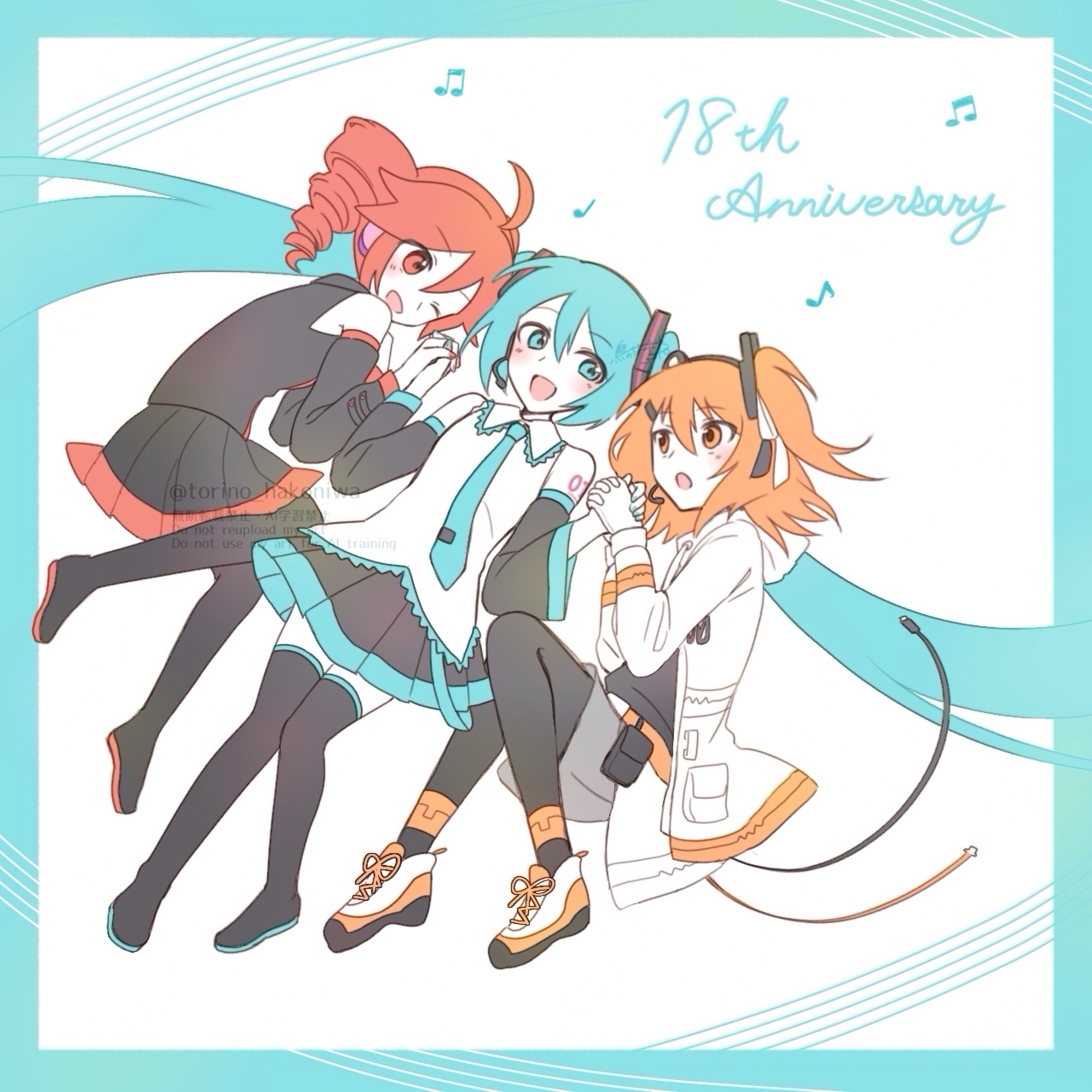 amau totori, adachi rei, hatsune miku, kasane teto, kasane teto (utau), utau, vocaloid, commentary request, highres, 3girls, anniversary, belt, blue border, blue eyes, blue hair, boots, border, collared shirt, detached sleeves, full body, gloves, hair ribbon, headphones, headset, holding hands, jacket, long hair, long sleeves, multiple girls, nail polish, necktie, one eye closed, one side up, open mouth, orange eyes, orange hair, pantyhose, pink eyes, pink hair, pleated skirt, ribbon, shirt, shoes, skirt, sleeveless, sleeveless shirt, smile, sneakers, thigh boots, twintails, very long hair