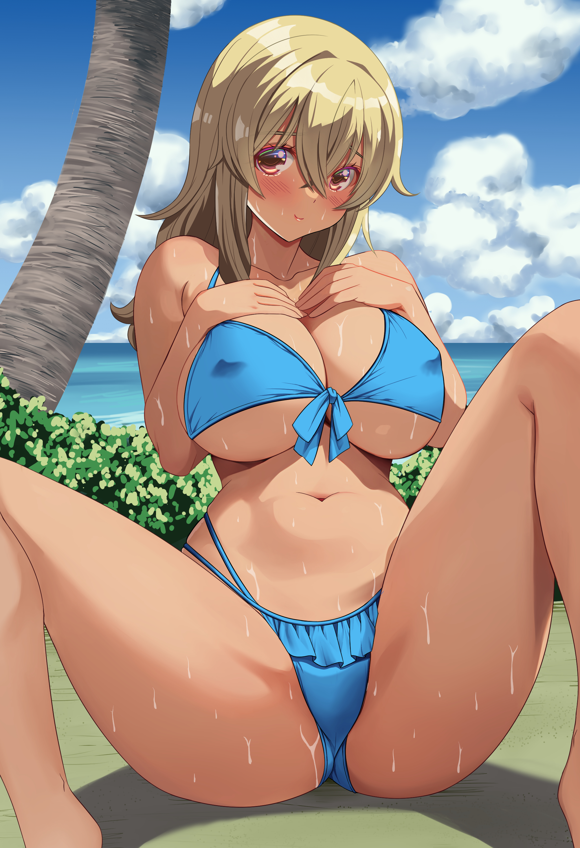 akihiro0920, higa kana, okinawa de suki ni natta ko ga hougen sugite tsurasugiru, absurdres, commentary request, highres, 1girl, alternate breast size (larger), bikini, black skirt, blonde hair, blue bikini, blue sky, blush, breasts, brown eyes, closed mouth, cloud, cloudy sky, covered erect nipples, front-tie bikini top, front-tie top, hair between eyes, hands on own chest, huge breasts, long hair, looking at viewer, navel, outdoors, sitting, skirt, sky, solo, spread legs, sweat, swimsuit, tan