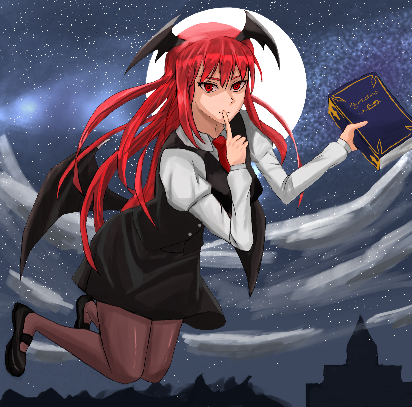aoyagi 0, koakuma, touhou, highres, bat wings, collared shirt, full body, full moon, head wings, long hair, looking at viewer, moon, necktie, night, night sky, red eyes, red hair, red necktie, shirt, sky, white shirt, wings