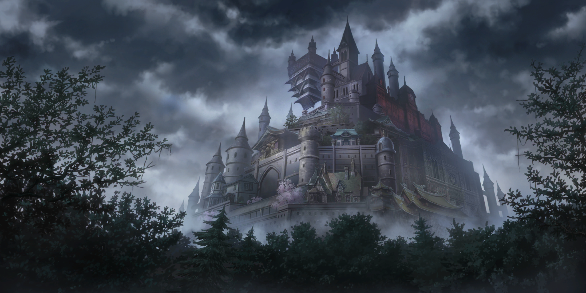touhou, touhou lostword, artist request, game cg, highres, third-party source, architecture, battlement, castle, cherry blossoms, chimney, chireiden, divine spirit mausoleum, east asian architecture, european architecture, fog, forest, fortress, hakugyokurou, hakurei shrine, kirisame magic shop, moriya shrine, myouren temple, nature, no humans, outdoors, overcast, pagoda, scarlet devil mansion, scenery, shining needle castle, shrine, sky, tower, tree, upside-down building