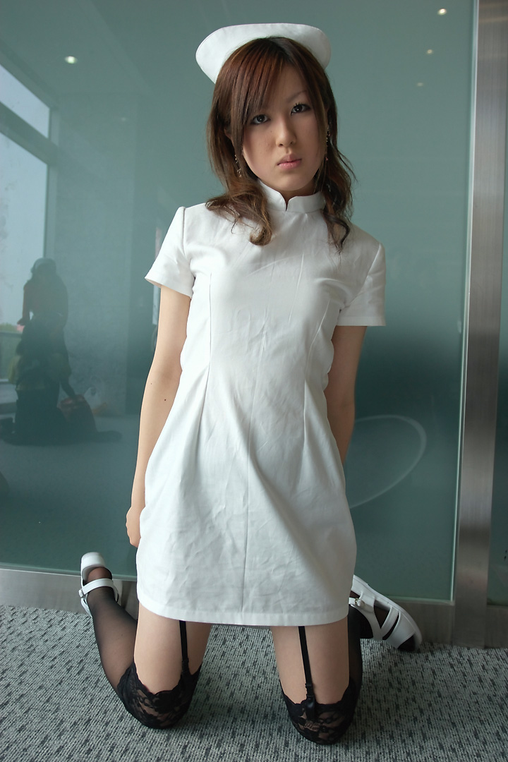 maron, real life, artist request, photo (medium), 1girl, asian, black thighhighs, breasts, brown hair, carpet, cosplay, dress, dyed hair, earrings, facing viewer, female focus, garter belt, garter straps, glass wall, hat, indoors, japanese (nationality), jewelry, kneeling, lace, lace trim, looking at viewer, nurse, nurse cap, on floor, reflection, sandals, serious, short dress, small breasts, solo, straight-on, thighhighs, white dress, white sandals