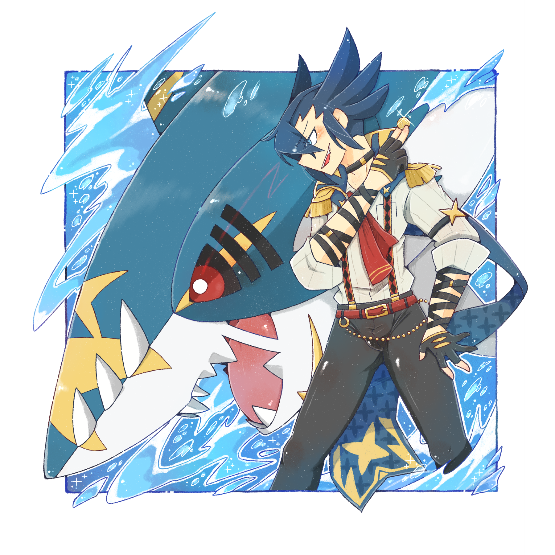 reio, grimsley (pokemon), grimsley (sygna suit) (pokemon), mega sharpedo, sharpedo, nintendo, pokemon, pokemon masters ex, commentary request, highres, 1boy, belt, black gloves, black pants, black sclera, blue eyes, blue hair, border, bright pupils, coin, colored sclera, epaulettes, from side, gen 3 pokemon, gloves, holding, holding coin, male focus, mega pokemon, official alternate costume, open mouth, pants, partially fingerless gloves, pokemon (creature), red belt, red eyes, sharp teeth, shirt, short hair, smile, sparkle, suspenders, teeth, water, white border, white pupils, white shirt