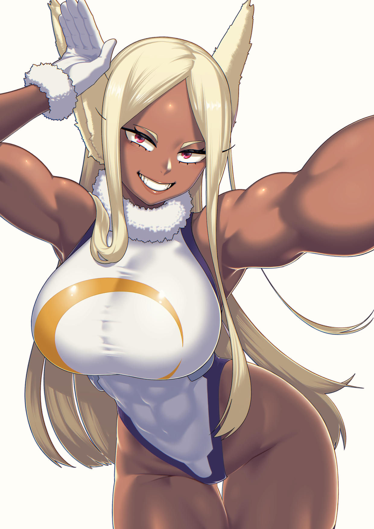 dyun, mirko, boku no hero academia, highres, 1girl, animal ears, armpits, bare shoulders, breasts, contrapposto, covered abs, covered navel, crescent print, dark-skinned female, dark skin, dated commentary, fur-trimmed gloves, fur collar, fur trim, gloves, grin, hair over shoulder, hand up, highleg, highleg leotard, large breasts, leotard, long eyelashes, long hair, looking at viewer, outstretched arm, parted bangs, rabbit ears, rabbit girl, rabbit pose, red eyes, selfie, simple background, smile, solo, taut leotard, teeth, thick thighs, thigh gap, thighs, toned, toned female, very long hair, white background, white gloves, white hair, white leotard