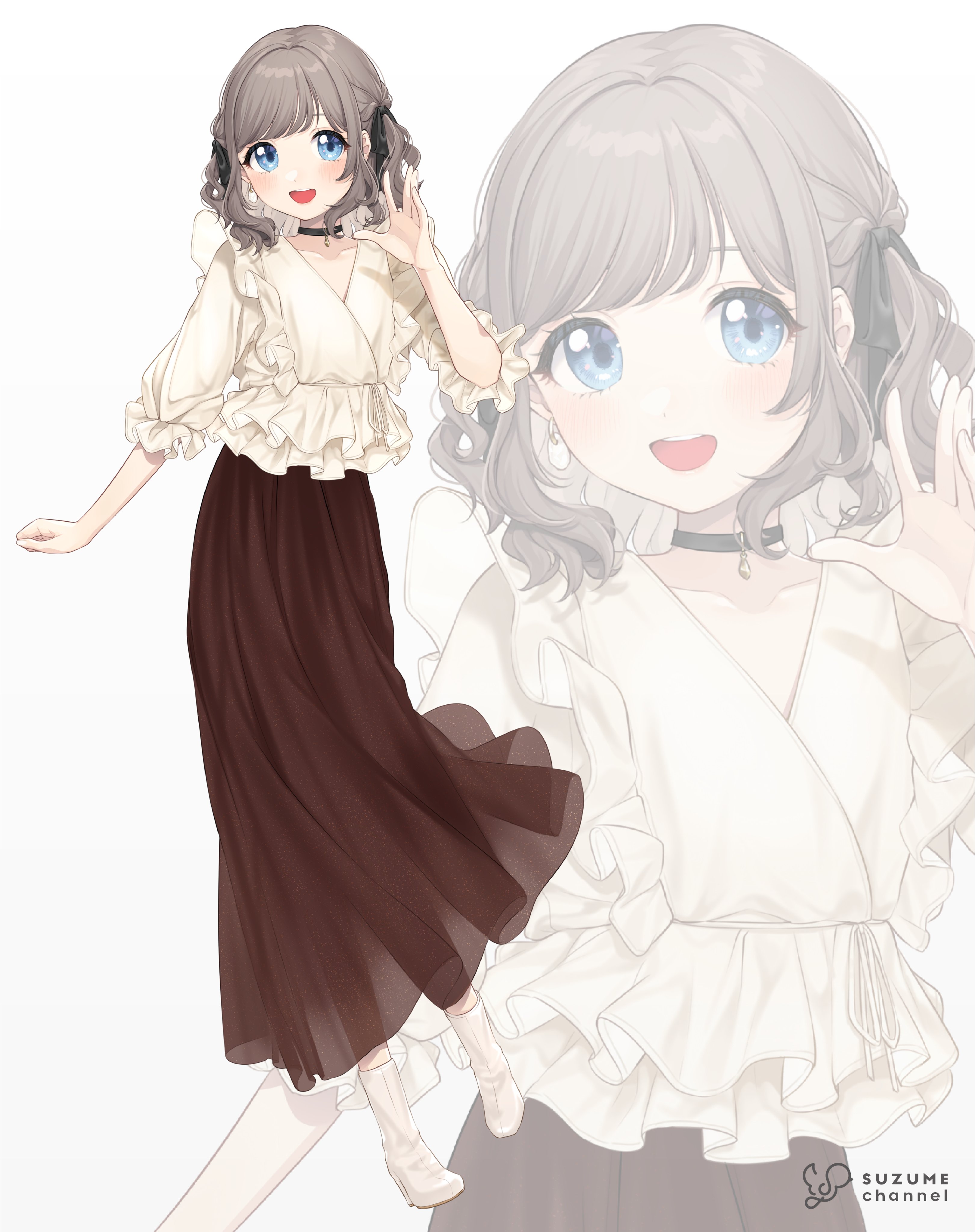 umeno, yamada suzume, indie virtual youtuber, absurdres, commentary request, highres, 1girl, :d, black choker, black ribbon, blue eyes, blush, boots, brown skirt, character name, choker, collarbone, earrings, floating clothes, frilled shirt, frills, full body, grey hair, hair ribbon, hand up, high heel boots, high heels, jewelry, long skirt, looking at viewer, medium hair, open mouth, pendant choker, ribbon, shirt, sidelocks, skirt, smile, standing, standing on one leg, swept bangs, teeth, three-quarter sleeves, turning head, two side up, upper teeth only, virtual youtuber, white background, white boots, white shirt, zoom layer