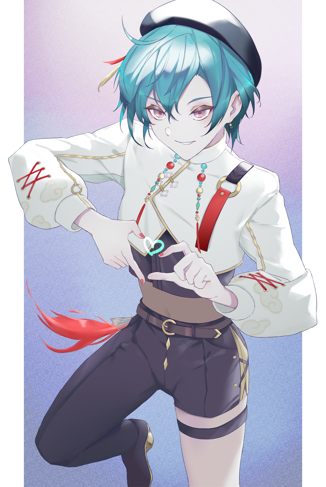 vii (joshuayuen), ryuushen, nijisanji, commentary request, highres, 1other, asymmetrical clothes, belt, black belt, brown eyes, crop top, four-finger heart hands, green hair, hair between eyes, heart, heart hands, long sleeves, pillarboxed, shirt, single pantsleg, solo, thigh strap, virtual youtuber, white shirt