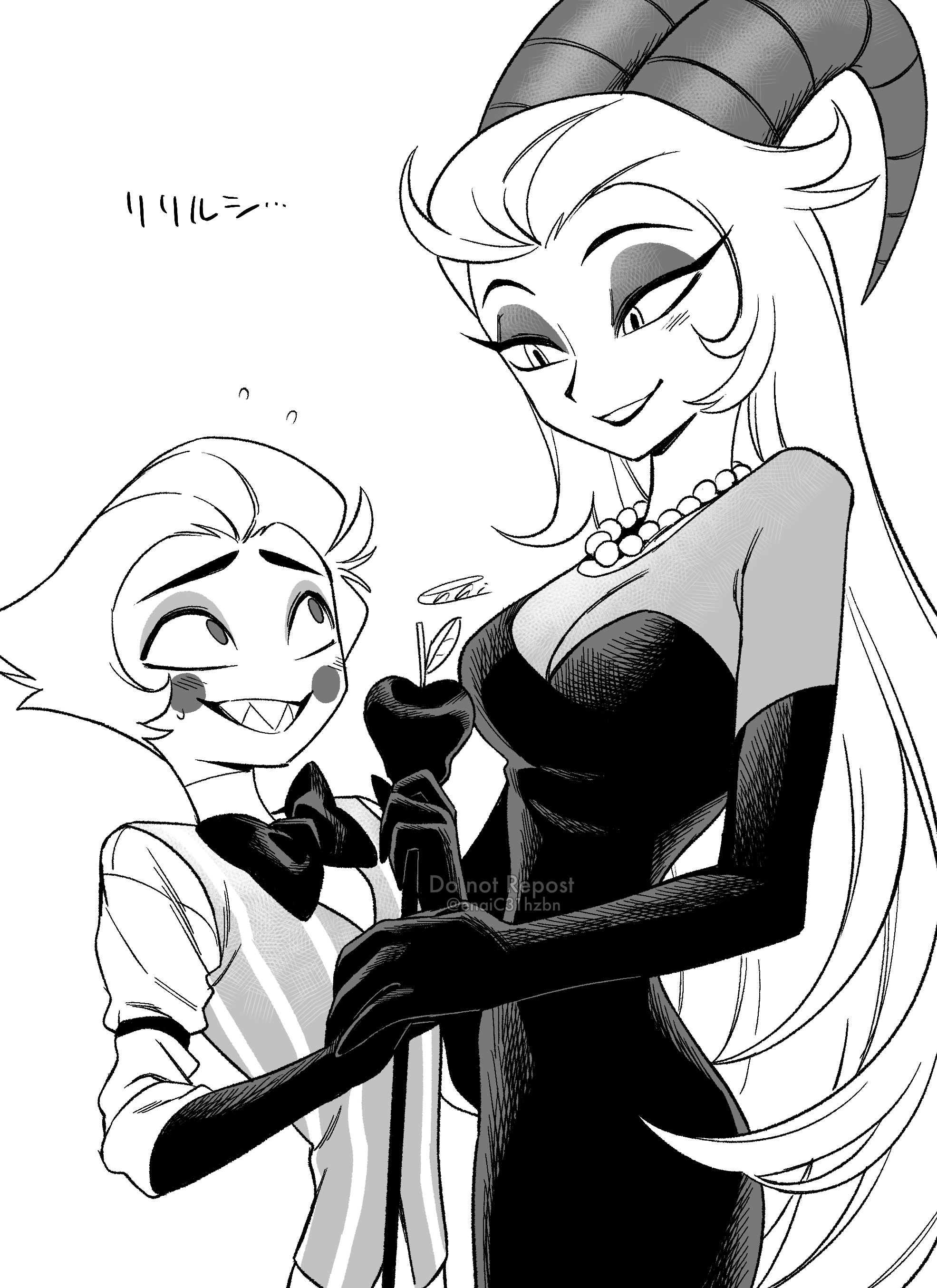 menma (enaic31), lilith (hazbin hotel), lucifer morningstar (hazbin hotel), hazbin hotel, hellaverse, absurdres, commentary request, highres, translation request, 1boy, 1girl, :d, apple, bow, bowtie, breasts, circle facial mark, cleavage, cowboy shot, curled horns, dress, elbow gloves, eyeshadow, facial mark, flying sweatdrops, food, fruit, gloves, greyscale, grin, hair slicked back, hatching (texture), height difference, holding, holding staff, horns, husband and wife, jewelry, large breasts, leaf, long hair, makeup, monochrome, necklace, open mouth, pearl necklace, raised inner eyebrows, see-through clothes, see-through shirt, sharp teeth, shirt, short hair, signature, simple background, skinny, smile, staff, standing, strapless, strapless dress, striped clothes, striped vest, sweatdrop, tall female, teeth, traditional bowtie, tsurime, twitter username, vertical-striped clothes, vertical-striped vest, very long hair, very short hair, vest, watermark, white background