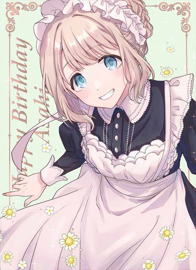otakunocamp, serizawa asahi, idolmaster, idolmaster shiny colors, commentary request, flower request, 1girl, apron, black dress, blue eyes, blush, border, braid, braided bun, buttons, character name, cowboy shot, dress, fingernails, flower, green background, grey hair, hair bun, happy birthday, juliet sleeves, lace-trimmed apron, lace trim, long sleeves, looking at viewer, maid, maid apron, maid headdress, official alternate costume, ornate border, puffy sleeves, sidelocks, sleeve cuffs, smile, solo, teeth, white flower, white sleeve cuffs