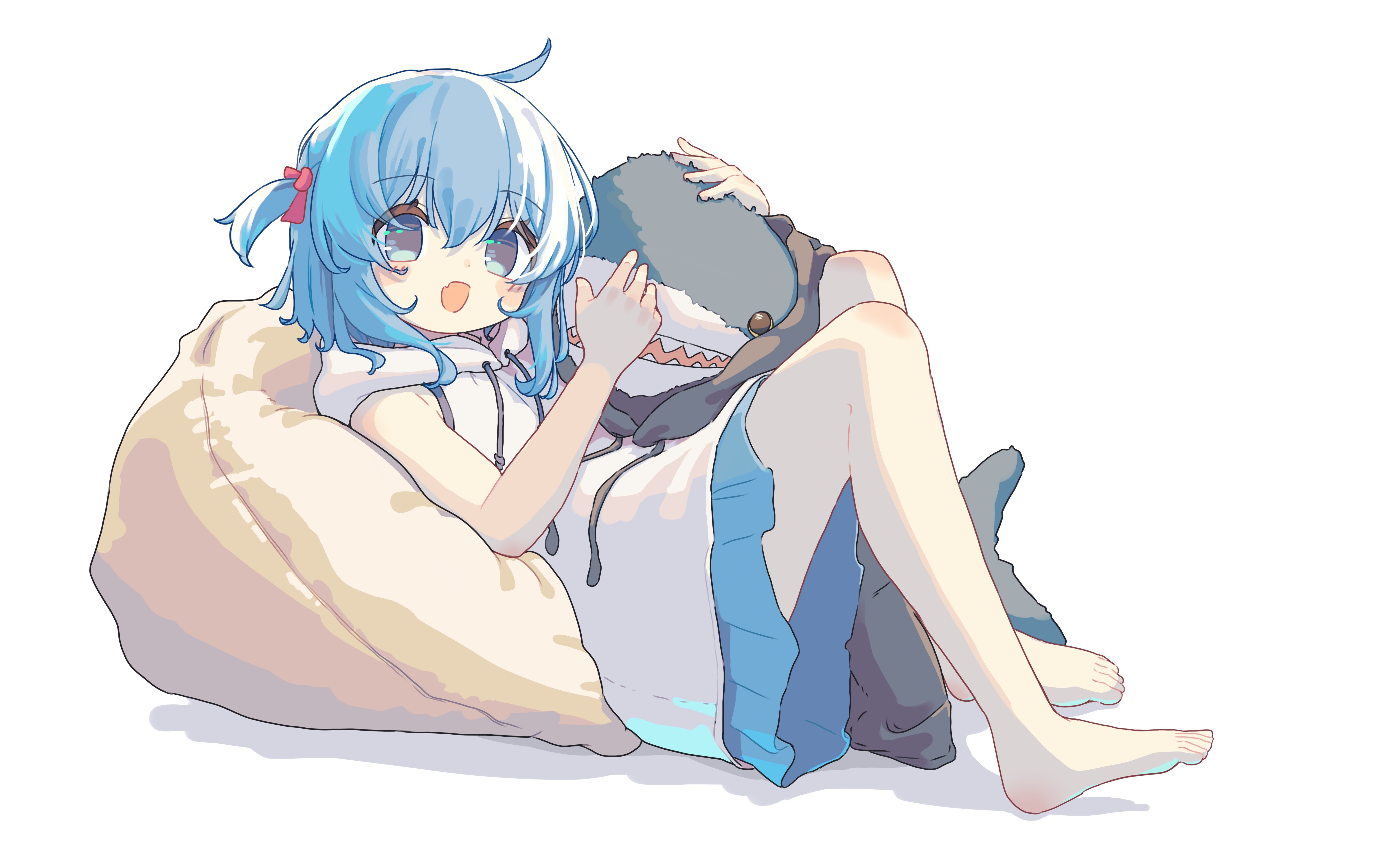 aoi tori, original, absurdres, highres, 1girl, :d, ahoge, bare arms, bare shoulders, barefoot, blue eyes, blue hair, blue skirt, blush, drawstring, fang, full body, hair between eyes, holding, holding stuffed toy, hood, hood down, hoodie, knees up, looking at viewer, lying, on back, one side up, open mouth, pleated skirt, shadow, simple background, skirt, sleeveless, sleeveless hoodie, smile, solo, stuffed animal, stuffed shark, stuffed toy, white background, white hoodie