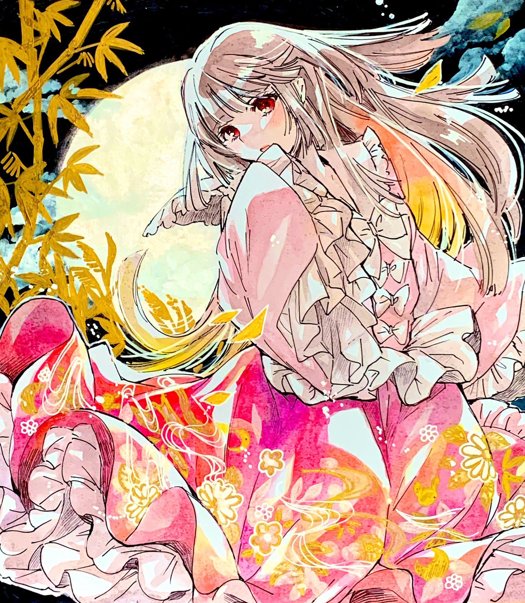 akaioringo2023, houraisan kaguya, touhou, highres, 1girl, bamboo, black hair, full moon, hime cut, long hair, looking at viewer, moon, pink shirt, plant, red eyes, red skirt, shirt, skirt, solo