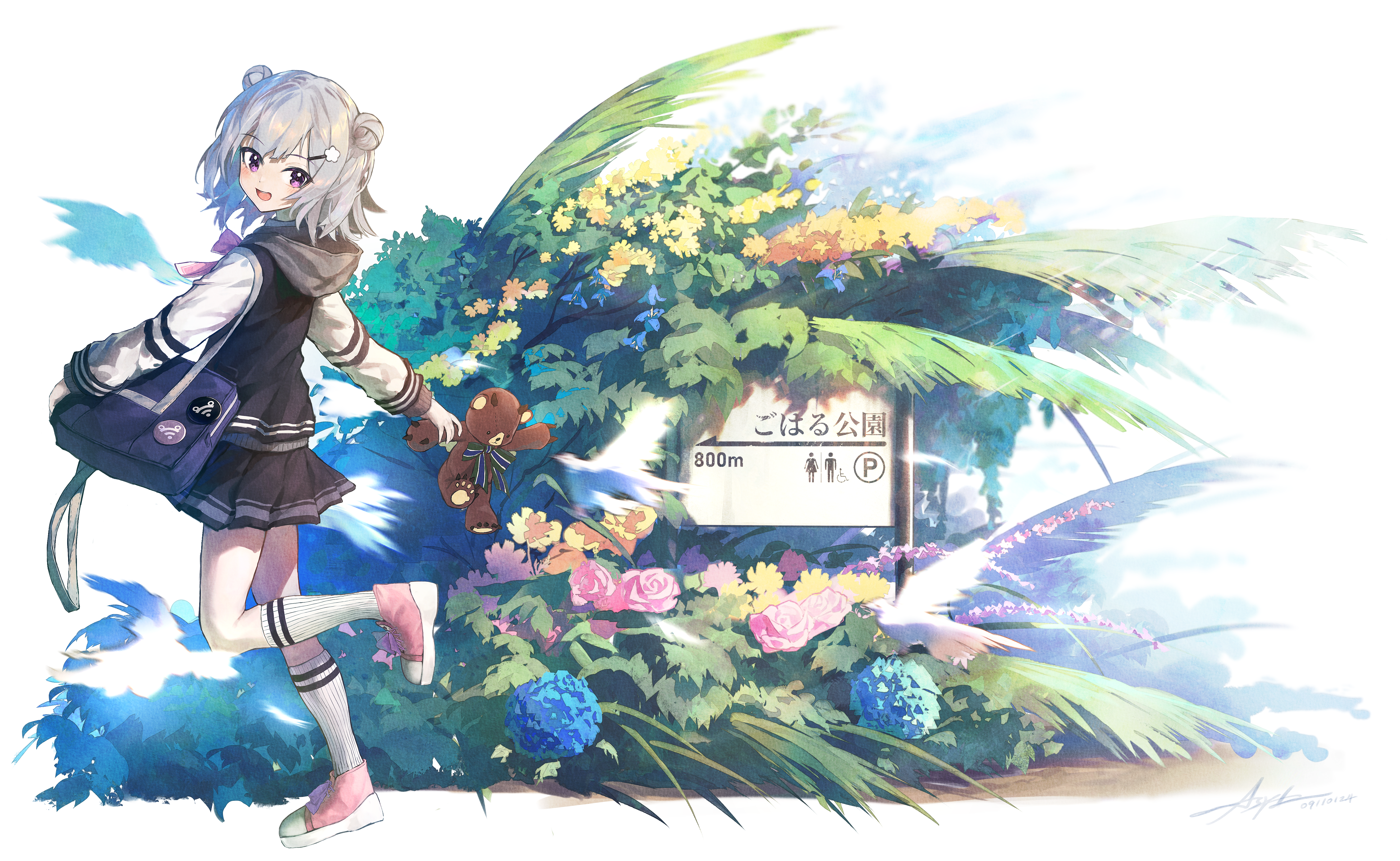 ap04astral, koharu rikka, cevio, synthesizer v, absurdres, chinese commentary, commentary request, highres, 1girl, :d, bag, black skirt, black vest, blue flower, bow, bowtie, double bun, flower, full body, grey hair, hair bun, hair ornament, hairclip, holding, holding stuffed toy, hood, hooded vest, hoodie, hydrangea, kneehighs, long sleeves, open mouth, pink bow, pink bowtie, pink flower, pink rose, pink shoes, pleated skirt, purple eyes, rose, school bag, shirt, shoes, short hair, sign, skirt, smile, sneakers, socks, solo, standing, standing on one leg, stuffed animal, stuffed toy, teddy bear, vest, white shirt, white socks
