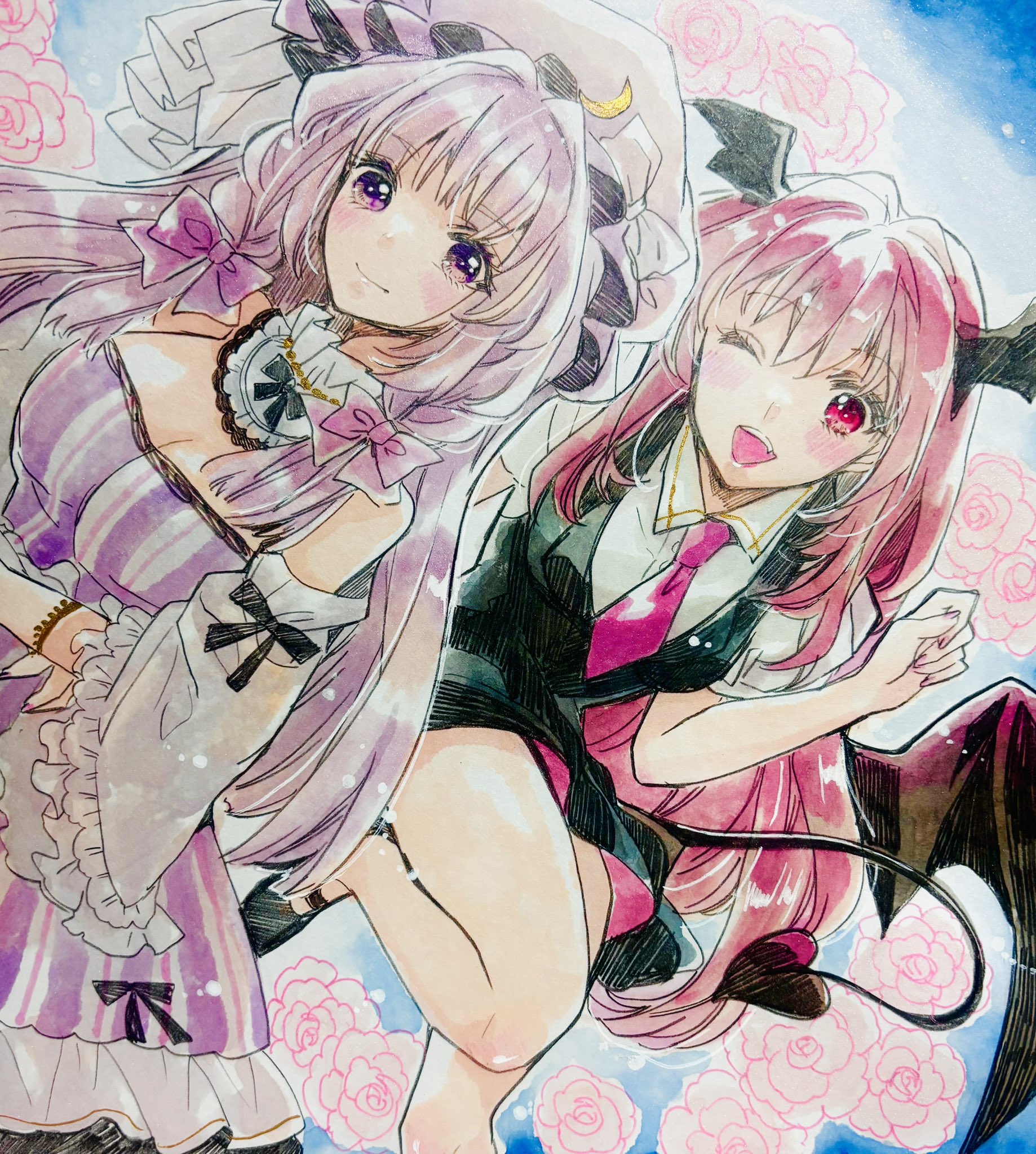 akaioringo2023, koakuma, patchouli knowledge, touhou, highres, 2girls, bow, collared shirt, hair bow, hat, long hair, looking at viewer, mob cap, multiple girls, necktie, one eye closed, purple bow, purple eyes, purple hair, red eyes, red hair, red necktie, shirt, very long hair, white shirt