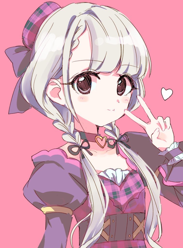 kanipoposu, hisakawa nagi, idolmaster, idolmaster cinderella girls, 1girl, dress, grey eyes, grey hair, hat, heart, long hair, looking at viewer, sketch, smile, solo, twintails, upper body, v