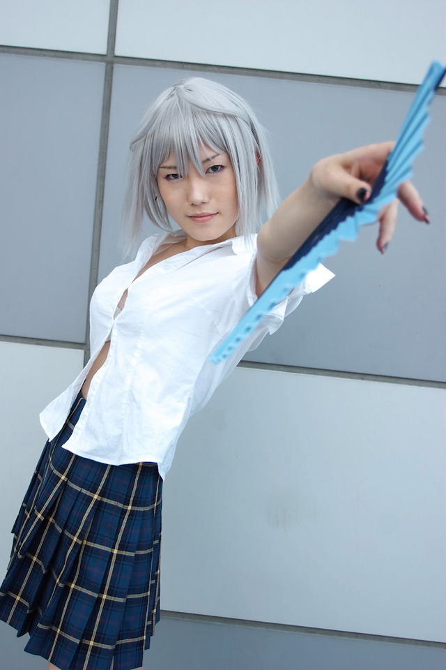 itsuka, silver hair, character request, photo (medium), source request, bra, cosplay, hand fan, lingerie, school uniform, serafuku, unbuttoned, underwear