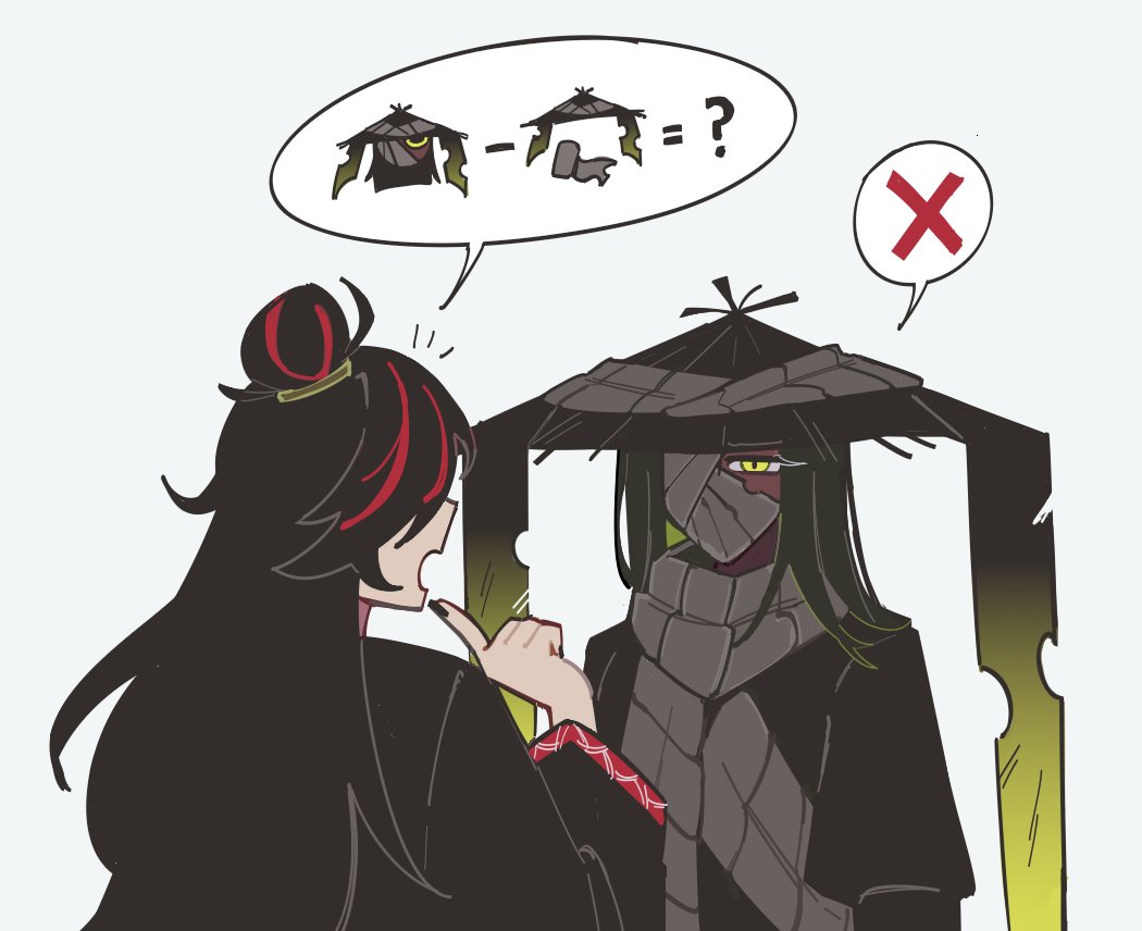 chayre5792, zigong (project moon), zilu (project moon), limbus company, project moon, 2girls, ?, animal ears, bandage over one eye, bandaged head, bandages, bandages over mouth, black hair, black hanfu, black nails, blonde hair, brown robe, chinese clothes, colored inner hair, conical hat, dark-skinned female, dark skin, grey scarf, hair bun, hair over eyes, hair over one eye, hanfu, hat, high ponytail, long hair, long sleeves, looking at another, multicolored hair, multiple girls, one eye covered, ponytail, rabbit ears, red hair, red streaks, robe, scarf, simple background, speech bubble, spoken question mark, spoken x, streaked hair, white background, x (symbol), yellow eyes