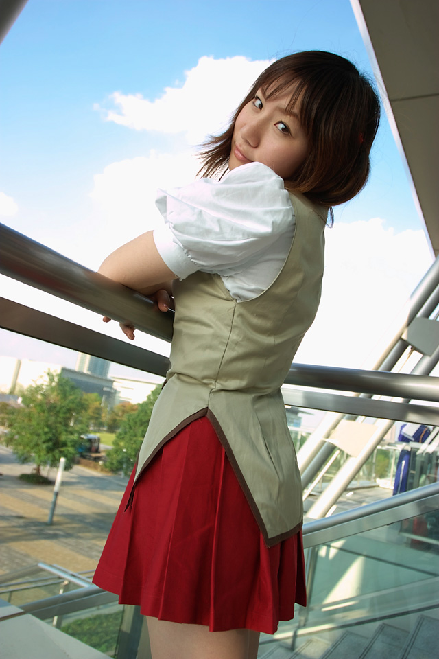 ichijou karen, school rumble, model request, photo (medium), 1girl, asian, cosplay, female focus, looking at viewer, looking back, outdoors, school uniform, serafuku, solo