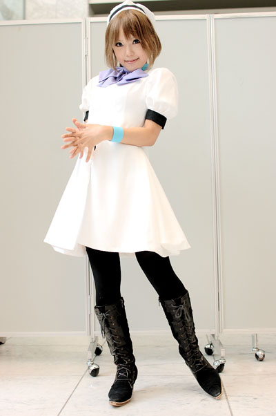 kipi-san, ryuuguu rena, higurashi no naku koro ni, photo (medium), 1girl, asian, black thighhighs, boots, brown hair, cosplay, female focus, hat, high heels, indoors, lace-up boots, looking at viewer, ryuuguu rena (cosplay), sailor hat, solo, thighhighs
