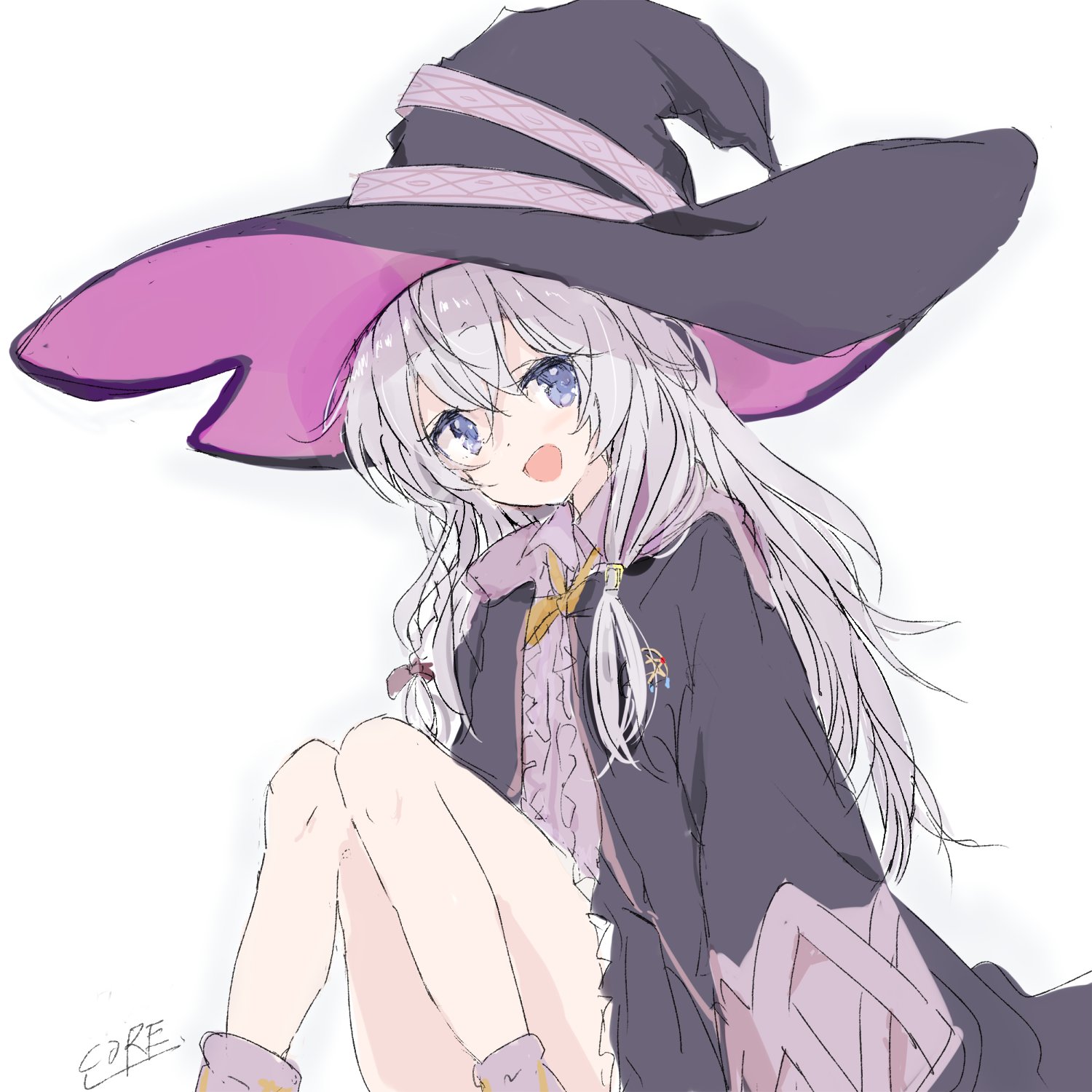 core (mayomayo), elaina (majo no tabitabi), majo no tabitabi, highres, 1girl, :d, black robe, blue eyes, blush, braid, fang, feet out of frame, grey hair, hair between eyes, hat, hooded robe, knees up, long hair, long sleeves, looking at viewer, open clothes, open mouth, open robe, robe, shirt, signature, simple background, sitting, sketch, smile, solo, white background, white hair, witch, witch hat