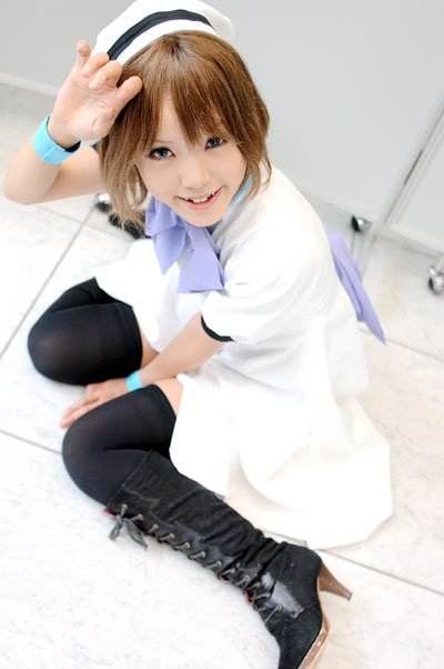 kipi-san, ryuuguu rena, higurashi no naku koro ni, photo (medium), 1girl, asian, black thighhighs, boots, brown hair, cosplay, dutch angle, female focus, hat, high heels, indoors, lace-up boots, looking at viewer, ryuuguu rena (cosplay), sailor hat, sitting, solo, thighhighs, wariza