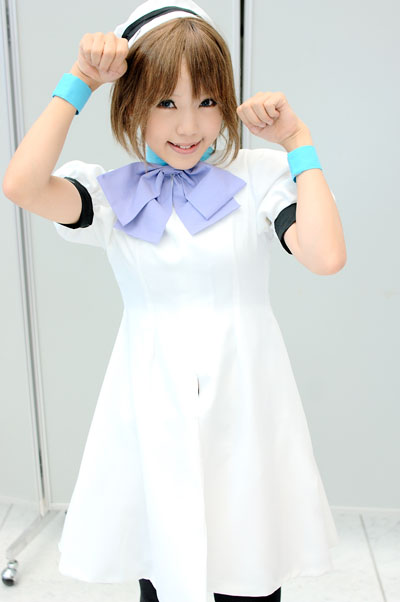kipi-san, ryuuguu rena, higurashi no naku koro ni, photo (medium), 1girl, asian, black thighhighs, brown hair, cosplay, female focus, hat, high heels, indoors, looking at viewer, ryuuguu rena (cosplay), sailor hat, smile, solo, thighhighs
