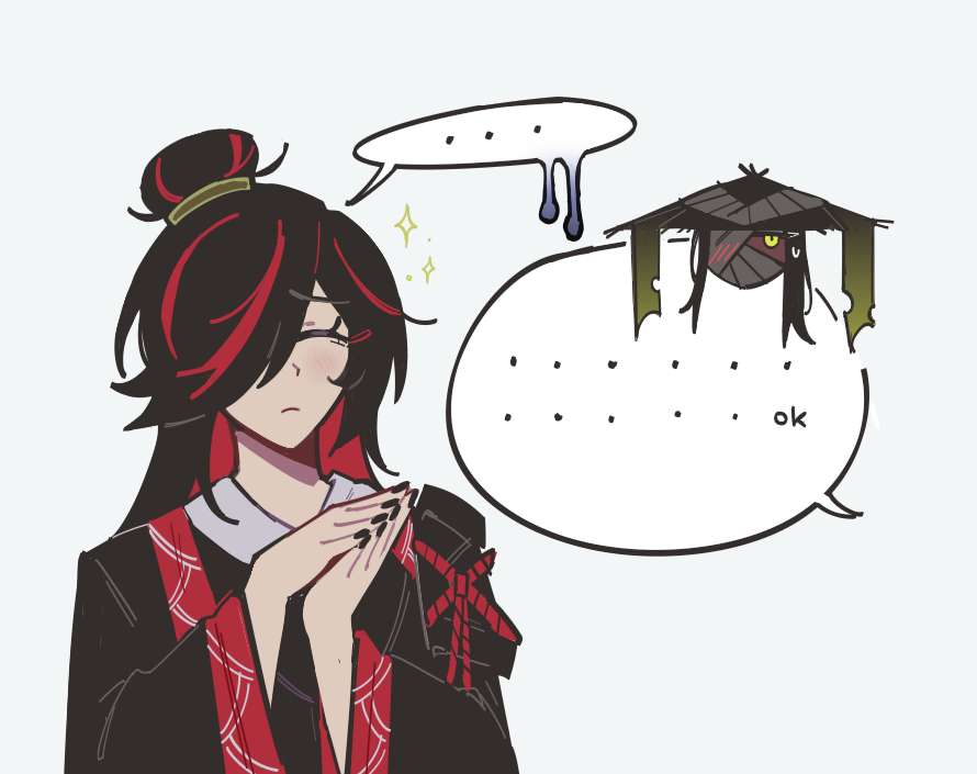 chayre5792, zigong (project moon), zilu (project moon), limbus company, project moon, …, 2girls, animal ears, bandage over one eye, bandaged head, bandages, bandages over mouth, black hair, black hanfu, black nails, blush, chibi, chinese clothes, colored inner hair, conical hat, dark-skinned female, dark skin, hair bun, hair over one eye, hanfu, hat, high ponytail, long hair, long sleeves, multicolored hair, multiple girls, ok sign, one eye covered, ponytail, rabbit ears, red hair, red streaks, robe, simple background, sparkle, speech bubble, streaked hair, white background, yellow eyes