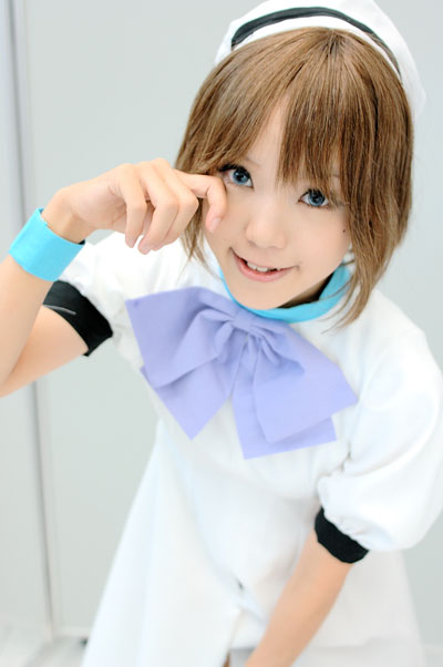 kipi-san, ryuuguu rena, higurashi no naku koro ni, photo (medium), 1girl, asian, blue eyes, brown hair, color contacts, cosplay, female focus, hat, indoors, looking at viewer, ryuuguu rena (cosplay), sailor hat, solo