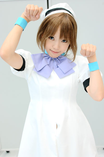 kipi-san, ryuuguu rena, higurashi no naku koro ni, photo (medium), 1girl, asian, blue eyes, brown hair, color contacts, cosplay, female focus, hat, indoors, looking at viewer, ryuuguu rena (cosplay), sailor hat, solo
