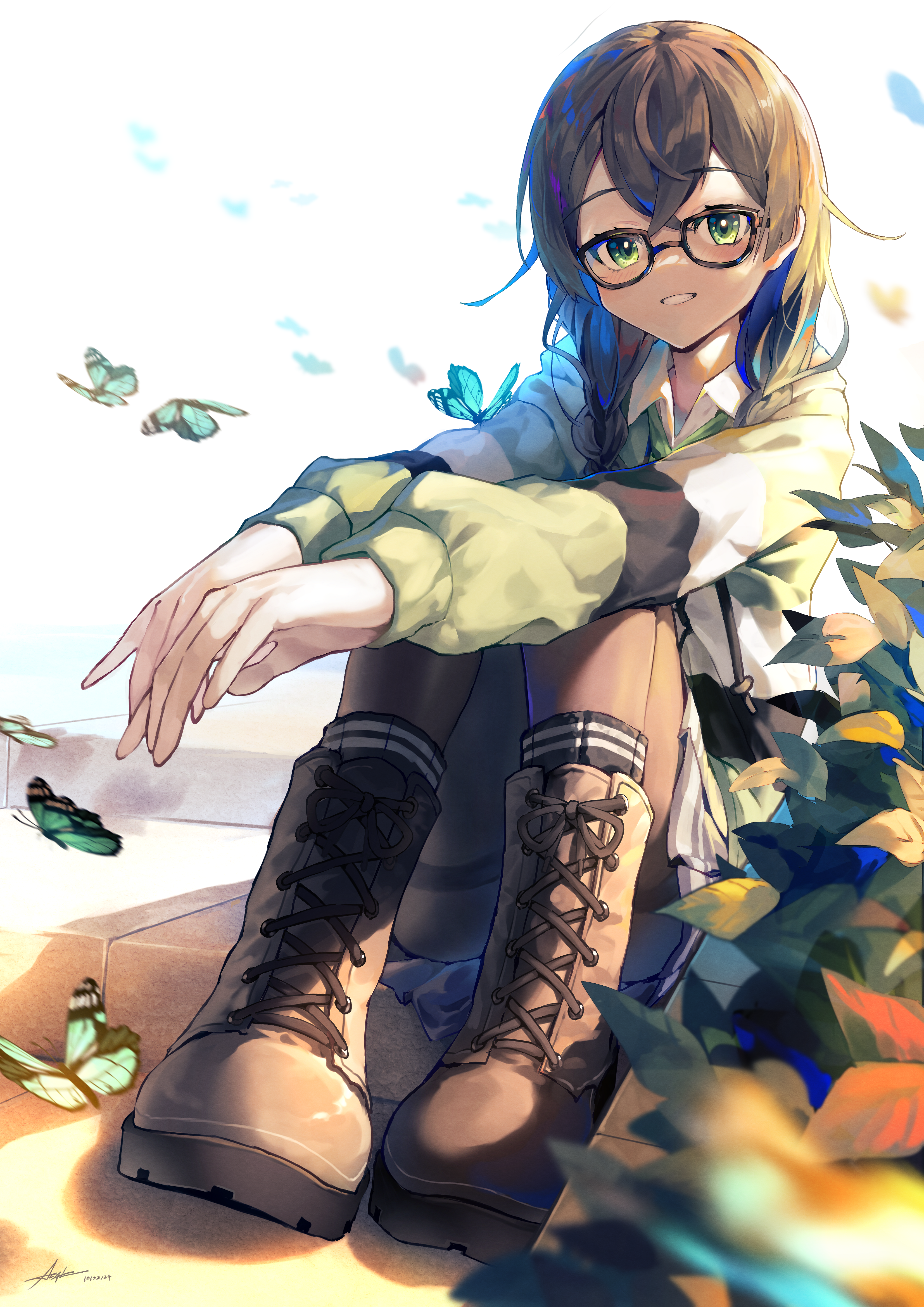 ap04astral, hanakuma chifuyu, cevio, synthesizer v, absurdres, chinese commentary, commentary request, highres, 1girl, black-framed eyewear, black pantyhose, black socks, blue butterfly, blue skirt, blush, boots, brown boots, brown hair, bug, butterfly, day, double-parted bangs, full body, glasses, green eyes, green jacket, grin, insect, jacket, lace-up boots, long hair, long sleeves, looking at viewer, outdoors, pantyhose, pleated skirt, sitting, skirt, smile, socks, solo, thighband pantyhose, wing collar