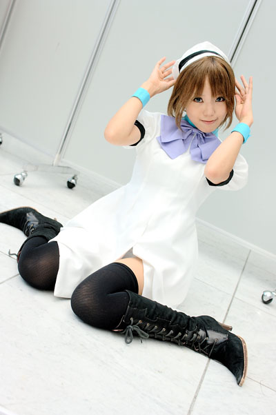 kipi-san, ryuuguu rena, higurashi no naku koro ni, photo (medium), 1girl, asian, black thighhighs, blue eyes, boots, brown hair, color contacts, cosplay, dutch angle, female focus, hat, high heels, indoors, lace-up boots, looking at viewer, ryuuguu rena (cosplay), sailor hat, sitting, solo, thighhighs, wariza