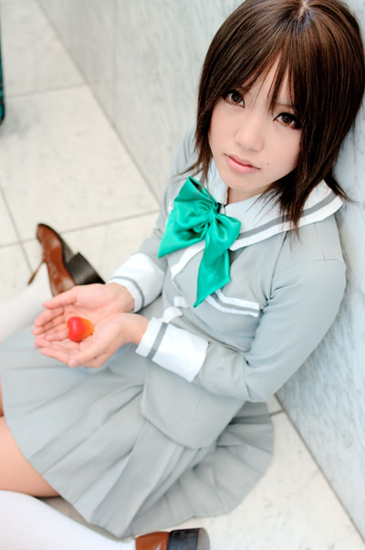 kipi-san, sotomura misuzu, ichigo 100%, photo (medium), 1girl, asian, brown eyes, brown hair, cosplay, female focus, food, fruit, loafers, looking at viewer, on floor, school uniform, shoes, sitting, socks, solo, sotomura misuzu (cosplay), strawberry, wariza, white socks
