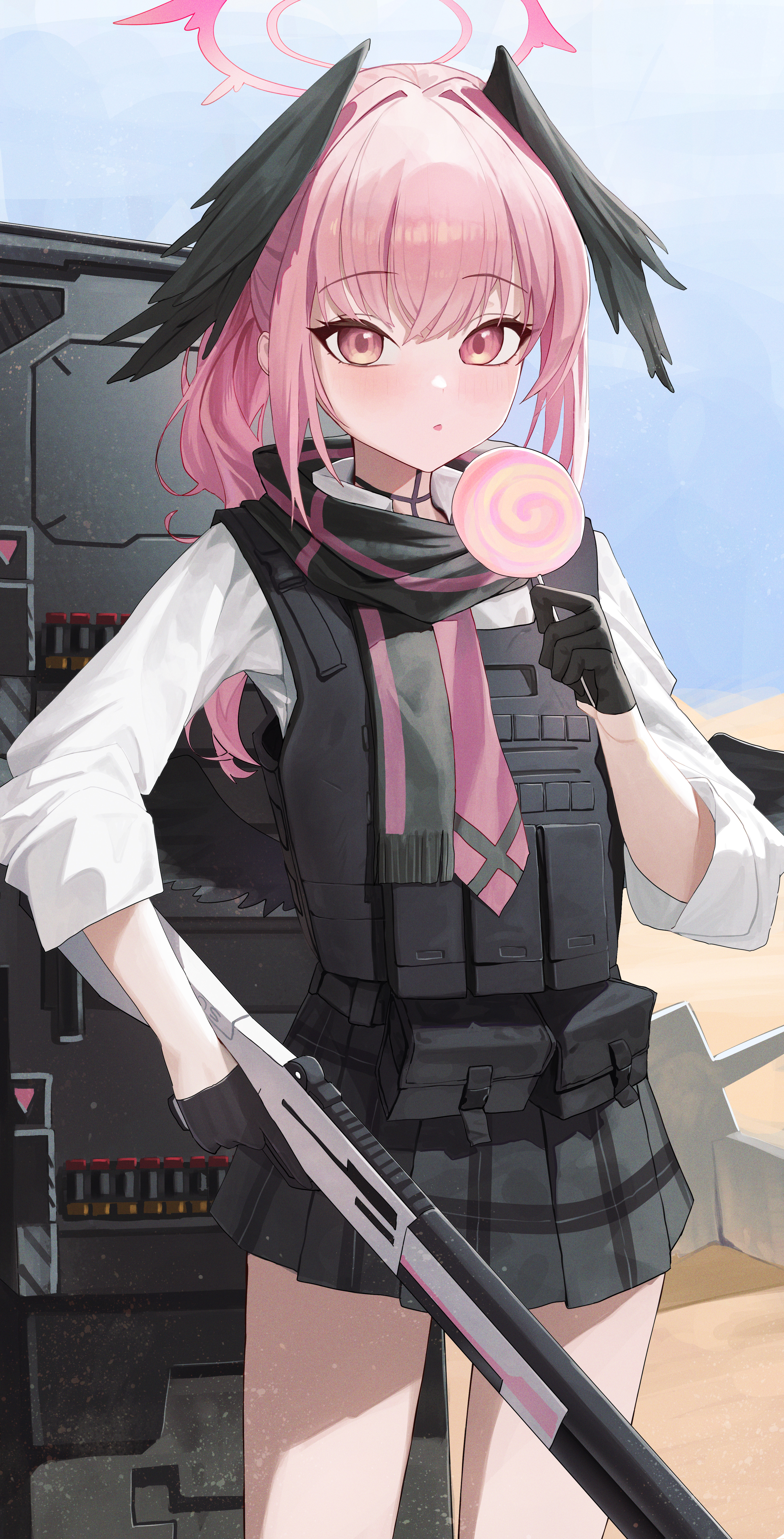 re naya, koharu (blue archive), blue archive, absurdres, commentary request, highres, 1girl, alternate costume, alternate hairstyle, ballistic shield, black gloves, black scarf, black skirt, black wings, blush, bulletproof vest, candy, cowboy shot, food, gloves, gun, half gloves, halo, head wings, holding, holding candy, holding food, holding gun, holding lollipop, holding weapon, lollipop, long hair, long sleeves, looking at viewer, pink eyes, pink hair, pink halo, pleated skirt, ponytail, scarf, school uniform, shield, shirt, shotgun, skirt, weapon, white shirt, wings