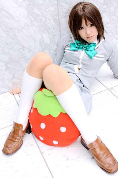 kipi-san, sotomura misuzu, ichigo 100%, photo (medium), 1girl, asian, brown eyes, brown hair, cosplay, female focus, loafers, looking at viewer, on floor, school uniform, shoes, socks, solo, sotomura misuzu (cosplay), strawberry-shaped pillow, white socks