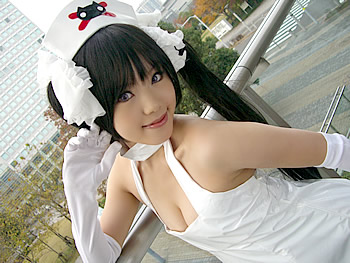 kipi-san, ruriko nasu, pure trance, lowres, photo (medium), 1girl, asian, black hair, bow, breasts, cleavage, cosplay, dutch angle, elbow gloves, female focus, gloves, hair bow, long hair, looking at viewer, nurse, outdoors, ruriko nasu (cosplay), scissors, small breasts, smile, solo, twintails
