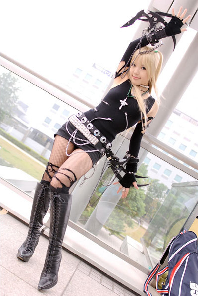 kipi-san, amane misa, death note, blade, photo (medium), 1girl, amane misa (cosplay), asian, blonde hair, blue eyes, boots, breasts, color contacts, cosplay, cross, cross necklace, dutch angle, female focus, fingerless gloves, fishnet pantyhose, fishnet thighhighs, fishnets, gloves, indoors, jewelry, long hair, looking at viewer, miniskirt, necklace, pantyhose, skirt, small breasts, smile, solo, thighhighs, torn clothes, two side up