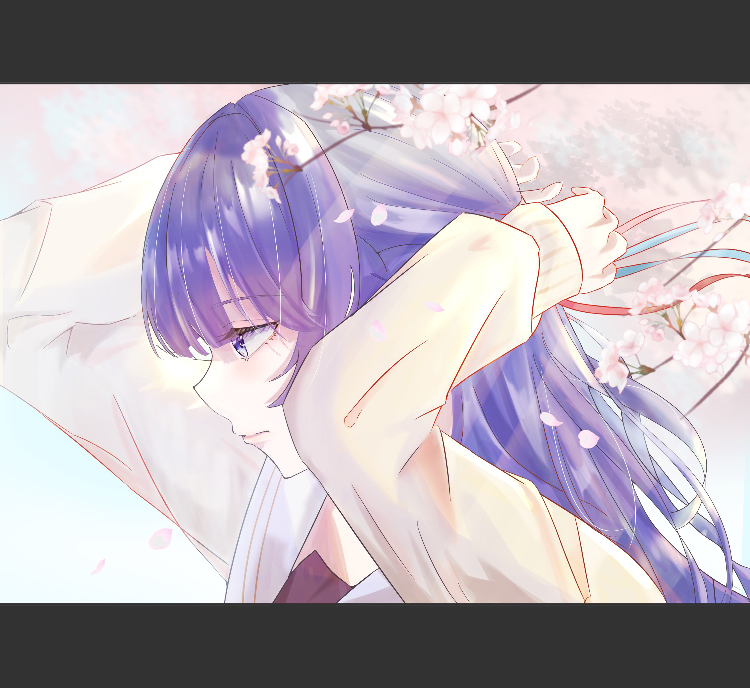 caricariume, murano sayaka, link! like! love live!, love live!, commentary request, highres, 1girl, arms up, blue eyes, blue hair, blue ribbon, brown cardigan, cardigan, cherry blossoms, falling petals, flower, hair ribbon, half updo, hasu no sora school uniform, letterboxed, long hair, long sleeves, open cardigan, open clothes, outdoors, petals, pink flower, pink petals, portrait, red ribbon, ribbon, sailor collar, school uniform, solo, tying hair, virtual youtuber, white sailor collar, winter uniform