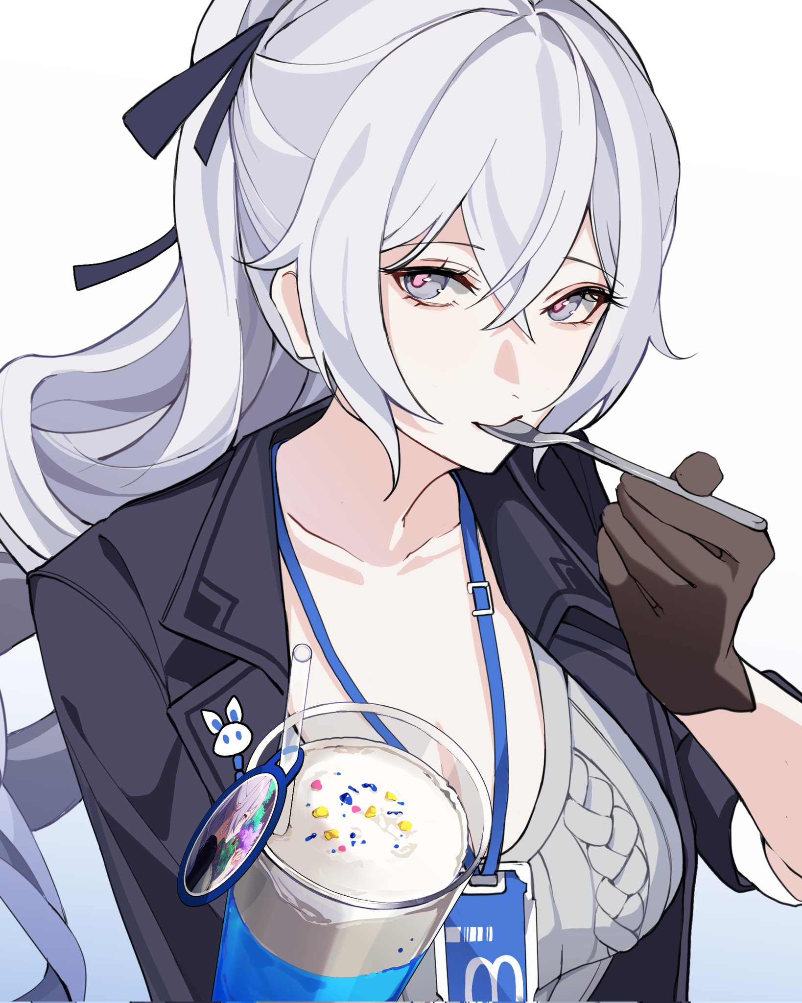 oldsprout1108, bronya zaychik, bronya zaychik (outstanding attitude), bronya zaychik (silverwing: n-ex), honkai (series), honkai impact 3rd, hashtag-only commentary, highres, 1girl, black coat, black gloves, breasts, coat, collarbone, cup, disposable cup, drill hair, gloves, grey hair, holding, holding spoon, id card, large breasts, long hair, official alternate costume, simple background, solo, spoon, upper body, very long hair, white background