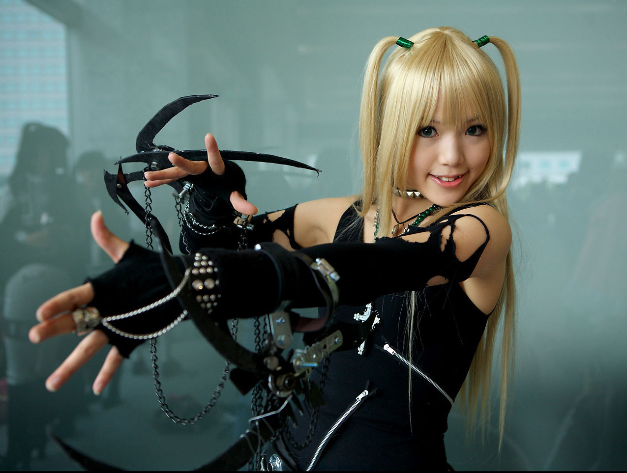 kipi-san, amane misa, death note, blade, photo (medium), 1girl, amane misa (cosplay), asian, blonde hair, breasts, color contacts, cosplay, cross, cross necklace, elbow gloves, female focus, fingerless gloves, fishnet pantyhose, fishnet thighhighs, fishnets, gloves, indoors, jewelry, lace, long hair, looking at viewer, miniskirt, mole, necklace, pantyhose, skirt, small breasts, smile, solo, thighhighs, torn clothes, two side up