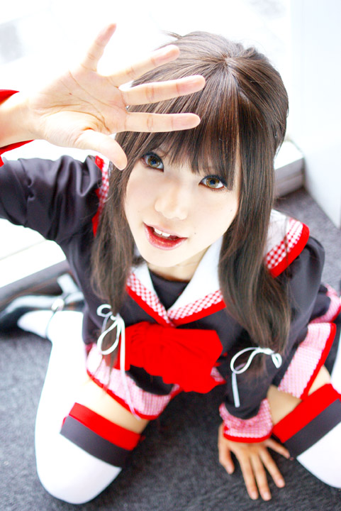 kipi-san, masuda shizuka, final approach, photo (medium), 1girl, asian, breasts, brown eyes, brown hair, color contacts, cosplay, female focus, long hair, looking at viewer, masuda shizuka (cosplay), sailor collar, school uniform, serafuku, sitting, small breasts, solo, thighhighs, wariza, zettai ryouiki