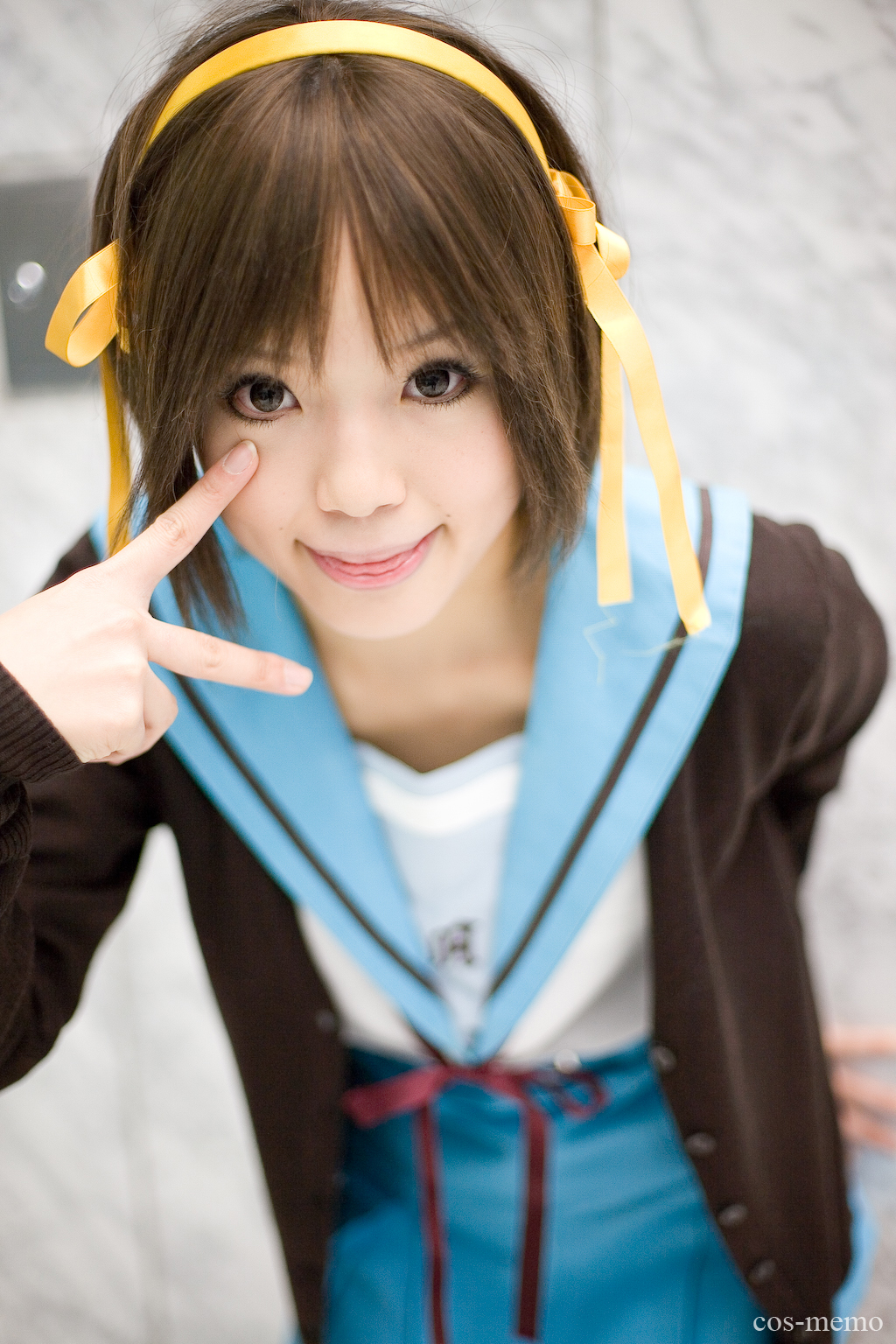 kipi-san, suzumiya haruhi, suzumiya haruhi no yuuutsu, highres, photo (medium), 1girl, :p, asian, brown eyes, brown hair, cosplay, female focus, hair ribbon, hairband, looking at viewer, mole, ribbon, school uniform, solo, suzumiya haruhi (cosplay), sweater, tongue, tongue out