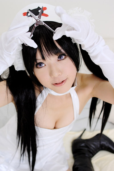 kipi-san, ruriko nasu, pure trance, photo (medium), 1girl, asian, black hair, boots, bow, breasts, cleavage, cosplay, elbow gloves, female focus, gloves, hair bow, long hair, looking at viewer, nurse, ruriko nasu (cosplay), scissors, small breasts, solo, twintails