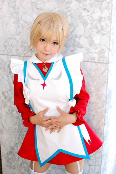 kipi-san, erstin ho, my-otome, photo (medium), 1girl, asian, blonde hair, cosplay, erstin ho (cosplay), female focus, garter straps, looking at viewer, school uniform, short hair, solo, thighhighs, white thighhighs, zettai ryouiki