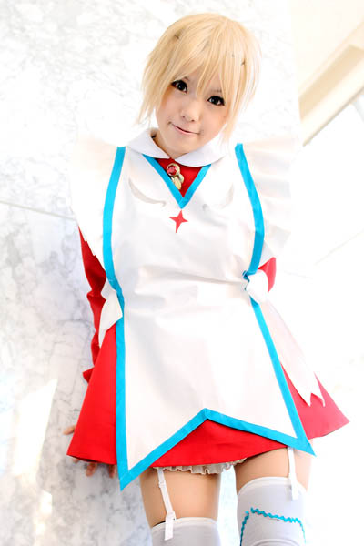 kipi-san, erstin ho, my-otome, photo (medium), 1girl, asian, blonde hair, cosplay, erstin ho (cosplay), female focus, garter straps, indoors, looking at viewer, school uniform, short hair, solo, thighhighs, white thighhighs, zettai ryouiki