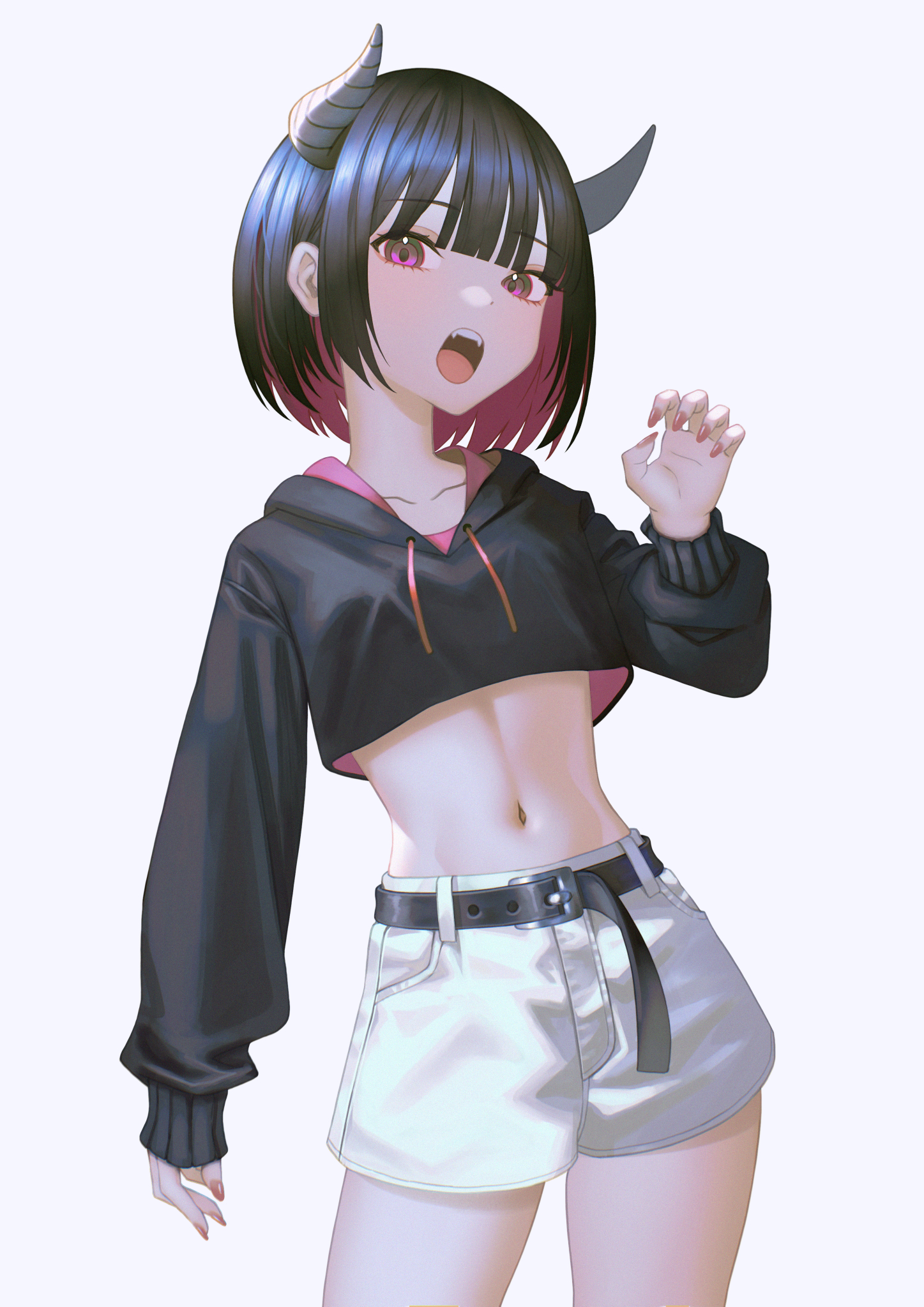original, highres, 1girl, belt, black belt, black hair, black hoodie, blunt bangs, bob cut, claw pose, colored inner hair, cowboy shot, cropped hoodie, demon girl, demon horns, eyelashes, fangs, grey horns, hood, hood down, hoodie, horns, long sleeves, midriff, multicolored hair, nail polish, navel, open mouth, pink eyes, pink hair, pink nails, short hair, shorts, simple background, solo, teeth, two-tone hair, upper teeth only, user jrum2245, white background, white shorts