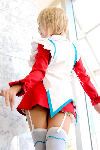 kipi-san, erstin ho, my-otome, photo (medium), 1girl, asian, blonde hair, cosplay, erstin ho (cosplay), female focus, garter straps, indoors, school uniform, short hair, solo, thighhighs, white thighhighs, zettai ryouiki