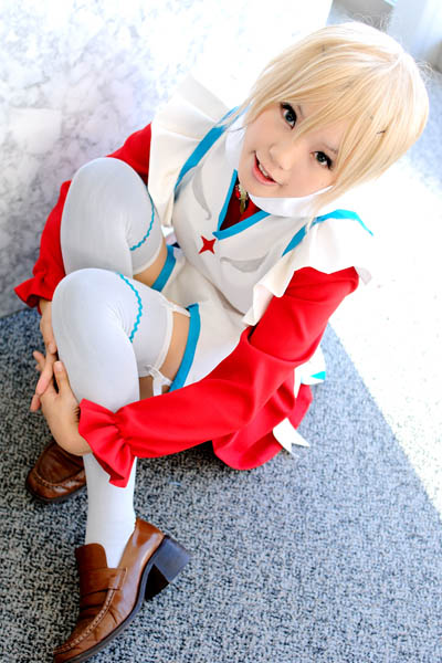 kipi-san, erstin ho, my-otome, photo (medium), 1girl, asian, blonde hair, brown shoes, cosplay, erstin ho (cosplay), female focus, garter straps, hugging own legs, indoors, loafers, looking at viewer, on floor, rug, school uniform, shoes, short hair, sitting, solo, thighhighs, white thighhighs, zettai ryouiki
