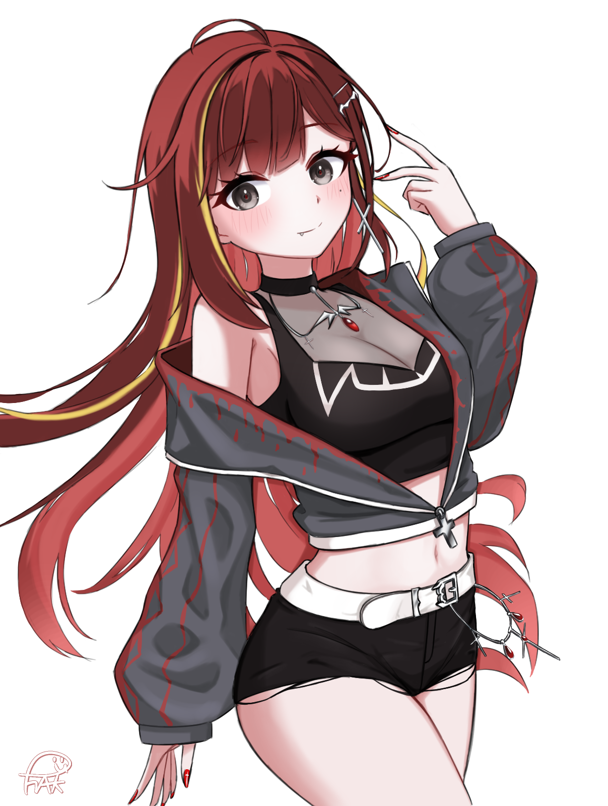 akane lize, stellive, highres, 1girl, ahoge, belt, black choker, black shorts, blonde hair, blush, breasts, choker, cleavage, closed mouth, eyelashes, fang, grey eyes, grey jacket, jacket, long hair, long sleeves, mole, mole under eye, multicolored hair, nail polish, partially open jacket, red hair, red nails, short shorts, shorts, signature, single bare shoulder, smile, solo, streaked hair, transparent background, user kcnt5573, virtual youtuber, white belt